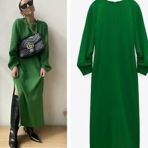 NEW ZARA RUSHED GREEN MIDI DRESS